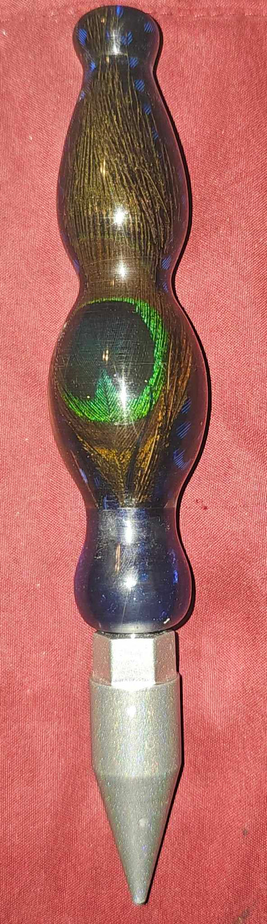 Peacock Pen MEDIUM THICK  6 inches with tip. Picture is taken with Flash on. (Pre-Turned)